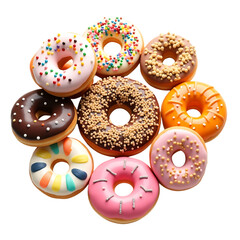 An appetizing assortment of colorful doughnuts, coated in various toppings, presents a delightful and tempting treat on black backdrop.