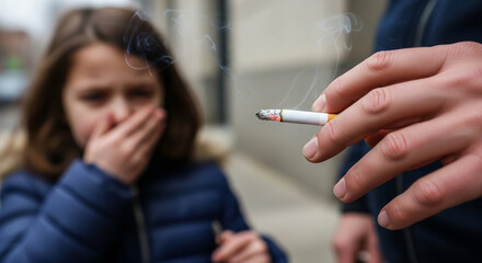 Harm from passive smoking. Little girl covers her nose with her hand because a man smokes nearby on the street, focus on the cigarette, the girl is blurred