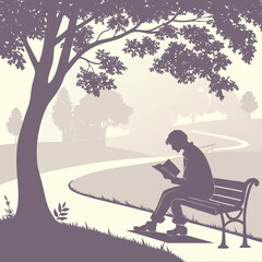 Person reading a book on a bench under a tree in a park with a winding path and other trees in the distance