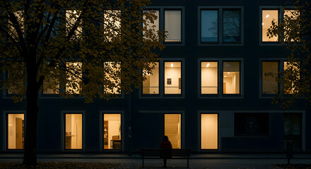 Lonely Figure Sitting Outside Illuminated Building at Night