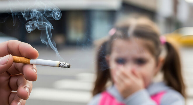 Harm from passive smoking. Little girl covers her nose with her hand because a man smokes nearby on the street, focus on the cigarette, the girl is blurred