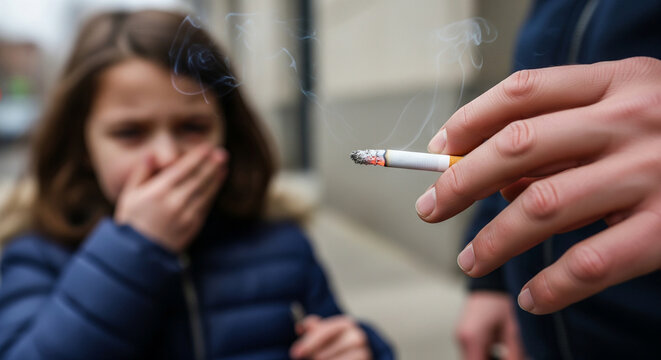 Harm from passive smoking. Little girl covers her nose with her hand because a man smokes nearby on the street, focus on the cigarette, the girl is blurred