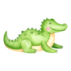 Obraz premium Happy watercolor Crocodile Illustration: A cute and smiling green watercolor crocodile, perfect for children's illustration, playfully lays with its eyes closed in contentment