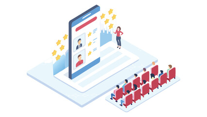 Isometric view of a woman presenting in front of a large mobile phone to an audience in a cinema
