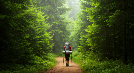 Woman hiking alone on a forest trail enjoying nature