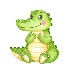 Obraz premium Adorable Animated Crocodile: A charming animated crocodile, radiating joy and warmth, sits contentedly in a vibrant, cheerful environment. Featuring a watercolor effect.