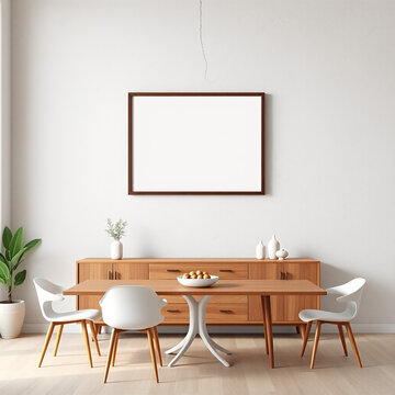 frame mockup for wall art in dining room featuring textured plaster wall in pastel tones with mid-century modern vibe in iso a2 landscape size realistic 3d render perfect for interior design decoratio