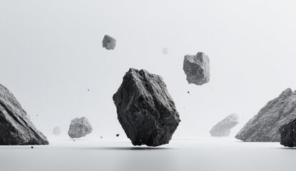 Dark, angular rocks levitate against a stark white background; some rest on a pale surface, creating a minimalist, gravity-defying scene