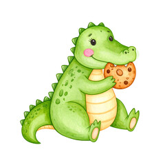 Fototapeta premium Charming Crocodile with Cookie: This delightful illustration showcases a cheerful crocodile, depicted in a watercolor style, holding a tasty cookie, embodying the sweetness of a delightful snack.