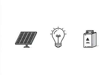 Simple line art depicting solar panel, lightbulb, and battery, representing sustainable energy