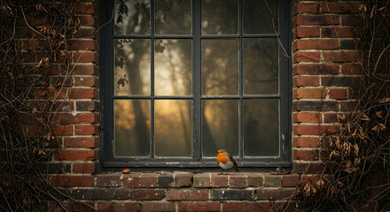 Autumn Robin Redbreast at Brick Window Sunset View
