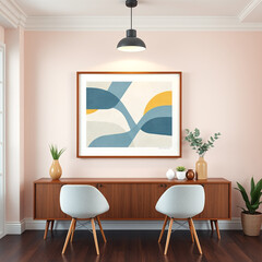 frame mockup for artwork in dining room showcasing textured plaster wall in soft pastel tones mid-century modern style versatile mockup for wall art above buffet realistic interior design 3d rendering