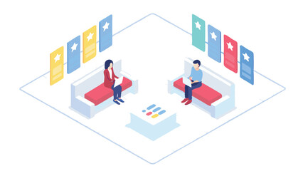 Obraz premium Isometric office scene with two people sitting on couches working on laptops in a modern space