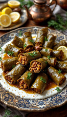 Fototapeta premium Stuffed grape leaves dolma on a rustic platter
