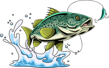 Spotted Bass Fish Cartoon Character Splashing Toward Fishing Lure - Vector Hand Drawn Illustration Isolated On Transparent Background