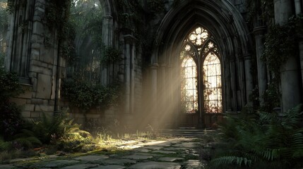Obraz premium Mysterious Sanctuary: Evoking a sense of wonder and ancient beauty, this image presents a mystical stone sanctuary bathed in ethereal light. The scene is filled with moss.