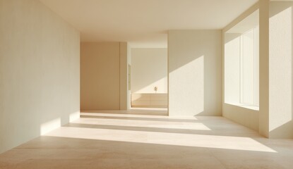 Obraz premium Sunlit minimalist interior; empty room with pale walls, beige floor, and large windows casting shadows