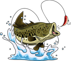 Realistic Bass Fish Cartoon Character Jumping at Red Lure - Vector Hand Drawn Illustration Isolated On Transparent Background