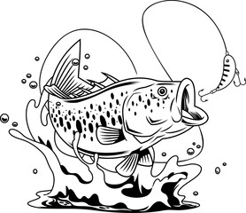 Realistic Bass Fish Cartoon Character Jumping at Lure – Black and White Vector Hand Drawn Illustration Isolated On Transparent Background