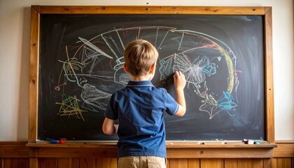 A smiling elementary teacher guides a little girl and boy learning with chalk on a classroom blackboard