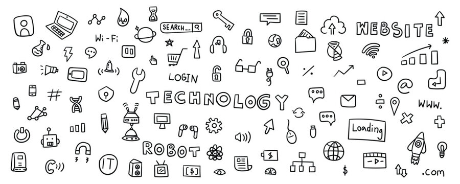 Hand Drawn Technology and Innovation Elements – Line Doodle Vector Set