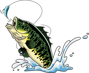 Mutant Bass Fish Cartoon Character with Sharp Teeth Leaping Out of Water - Vector Hand Drawn Illustration Isolated On Transparent Background