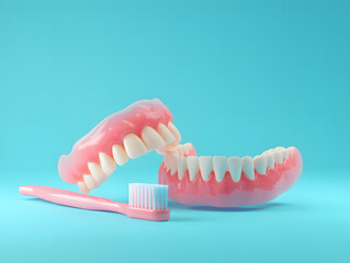 full denture set with toothbrush.