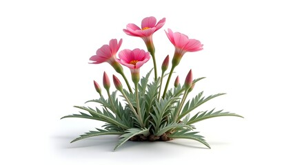 Obraz premium Photorealistic image of a pink Helianthemum flower or plant isolated on white. Crinkled five-petaled blooms with bright yellow centers and silver-green leaves. Botanical macro with soft light.