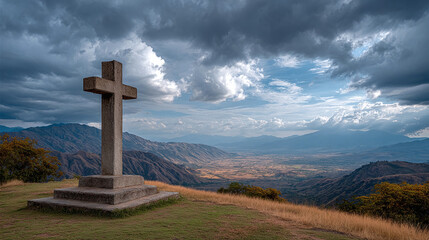Majestic Cross on Mountaintop with Panoramic View
