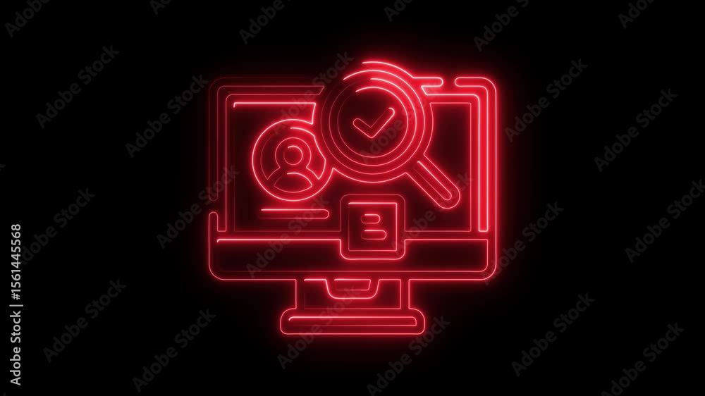 Poster Neon Sign Computer Screen with Magnifying Glass and Checkmark Symbolizing Verification and