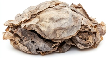 Crumpled, aged paper mass against white background