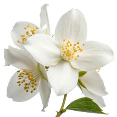 Obraz premium Close up of delicate white jasmine flowers with yellow stamens and green leaves isolated on transparent background