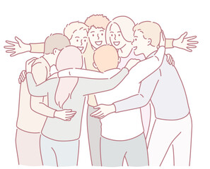 A joyful gathering of friends sharing a warm embrace, celebrating the wonderful connection that brings them together