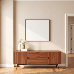 frame mockup in a dining room showcasing blank canvas on textured pastel plaster wall mid century modern design for wall art display above buffet furniture 3D rendering interior decor inspiration