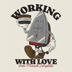 retro cartoon walking iron mascot