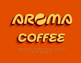 Vector Promo board Aroma Coffee  with Decorative Bean. Fashion 3D Font. Creative Cool Alphabet Letters and Numbers set.