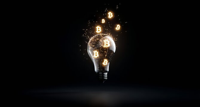 Innovation in financial technology is represented by a lightbulb aglow with golden bitcoin symbols, epitomizing the bright idea of cryptocurrency and digital finance