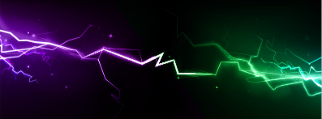 Neon vs thunder clash with purple electric bolt meeting green lightning strike. Glowing energy collision with bright sparks scattered on dark bg for gaming competition, futuristic confrontation effect