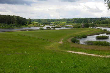 picturesque Russian summer expanses: fields, lakes, forest in Pushkin's Mikhailovskoye estate