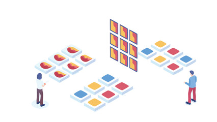 Fototapeta premium Isometric view of two people interacting with digital data and a central interface panel