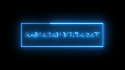 Blue Neon Ramadan Mubarak Text in Glowing Rectangle on Black Background