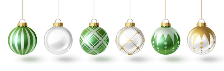 Christmas tree bauble set - green striped glass ball, white sphere, plaid emerald ornament, golden geometric design, dotted mint decoration hanging on strings. Holiday 3d ornaments for festive decor.