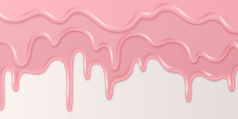 Glossy pink ice cream melting drip layers flowing down white bg. Strawberry frosting waves with shiny texture for dessert decoration, candy packaging, sweet treat banners and confectionery designs.