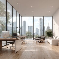Modern, minimalist office with expansive city views, hardwood floors, sleek furniture, and natural light