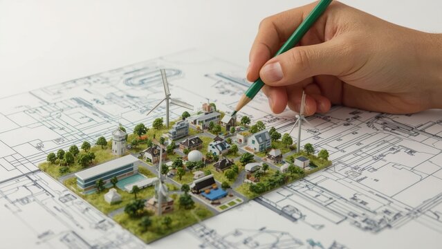 Planning an Eco-Friendly Town: Hand with pencil designs sustainable cityscape with wind turbines and green spaces.