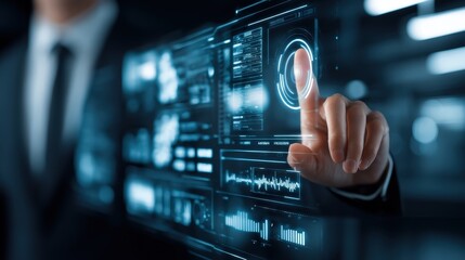 A hand interacts with a futuristic interface.