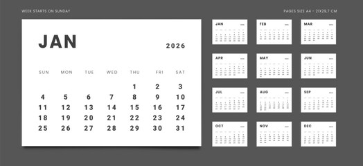 2026 Calendar Planner Set of new Template 12 Monthly Page for Corporate or Personal use. Vector minimalist monochrome layout of a wall or desk organizer with week start Monday for print. Pages size A4