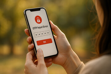 Young woman holding receiving digital error message for incorrect OTP entry, symbolizing secure login failure and mobile verification issues, OTP error, mobile verification, login failure, incorrect 

