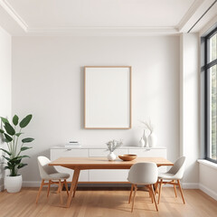 frame mockup for wall art in dining room showcasing textured plaster walls with pastel tones mid-century modern aesthetic in A2 landscape format 3D render versatile interior design display