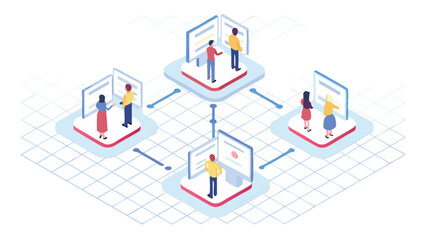 Isometric illustration of people collaborating on screens connected by a network grid design
